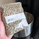 A hand holds a clear plastic bag filled with raw coffee beans, with a white label reading 'Santa Rosa Lot. 39' in Honduras.